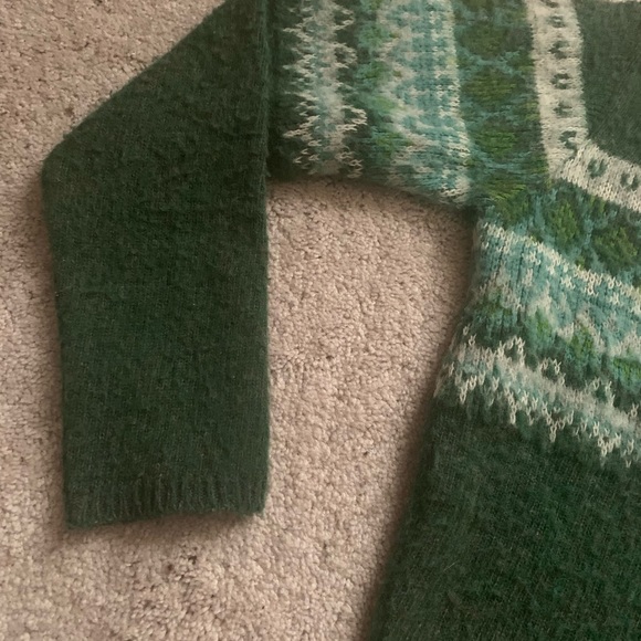 Vintage Y2K Wool Sweater 90s V Neck Cropped Fair Isle Bulldog Green Blue - Picture 7 of 13